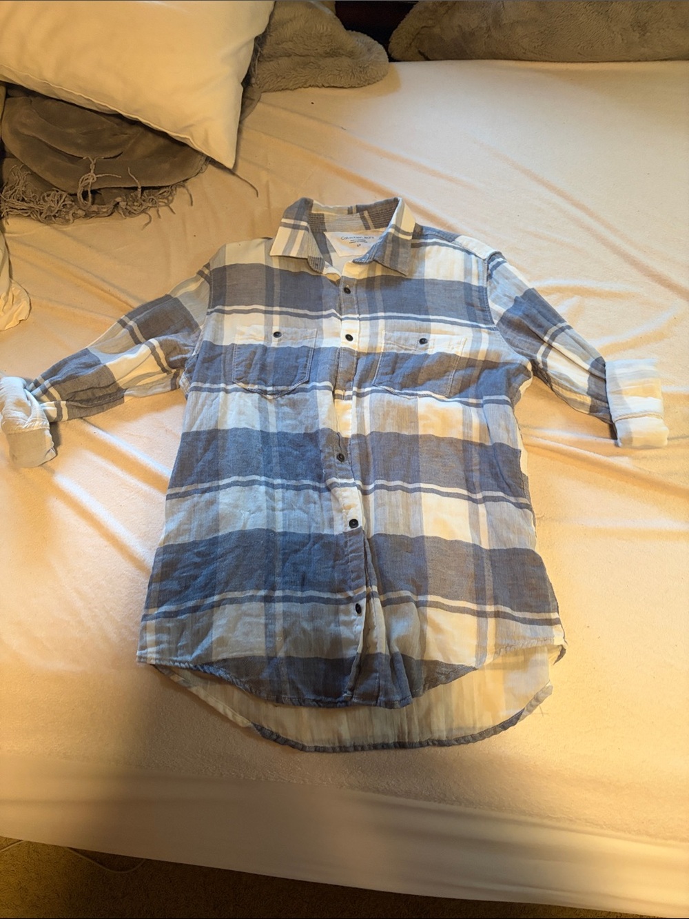 Calvin Klein Blue and White Plaid Button-Down Shirt